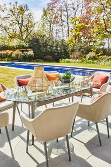 Photo 1| Bridgman Casual Dining Collection | 230cm Henley Glass and Aluminium Dining Table with 8 Richmond Armchairs