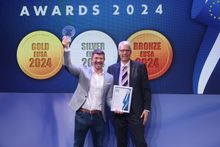 Richard Gowland - Founder and Managing Director at SpaFlo Ltd, celebrated his win with Chris Hayes (BISHTA) on stage at Piscine Global in Lyon at the awards ceremony