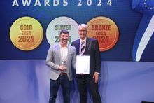 Richard Gowland - Founder and Managing Director at SpaFlo Ltd, celebrated his win with Chris Hayes (BISHTA) on stage at Piscine Global in Lyon at the awards ceremony