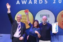Teresa and George Clifton (Centurion Leisure) celebrated their win with Chris Hayes (SPATA) on stage at Piscine Global in Lyon at the awards ceremony