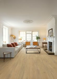 Cascada Pearl White Oak Extra Matt hardwood floor (CASC6030) from £70.99 per m2, Quick-Step, quick-step.co.uk 