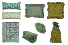Hand block frilled cotton cushions from £45, Lumbar cushions from £75, Kantha throw from £165, Wash Bag from £18, Tissue Box Cover from £25, Make Up Bag from £18 Huddle Collection, hello@huddlecollection.com | huddlecollection.com