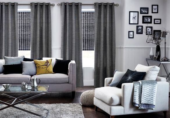 Tattersall Black Linen roller blinds paired with Provincial Chic Pepper curtains