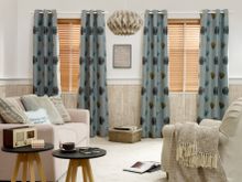 English Oak wood blinds paired with Poppies Aqua curtains
