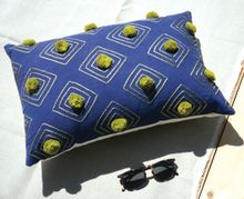 HAN8203. Boho Pom-Pom Cushion & Pad - Lime,China Blue.