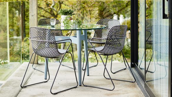 Header image  | Bridgman Casual Dining Collection |100cm Henley Glass and Aluminium Dining Table with 4 Remy Stacking Armchairs